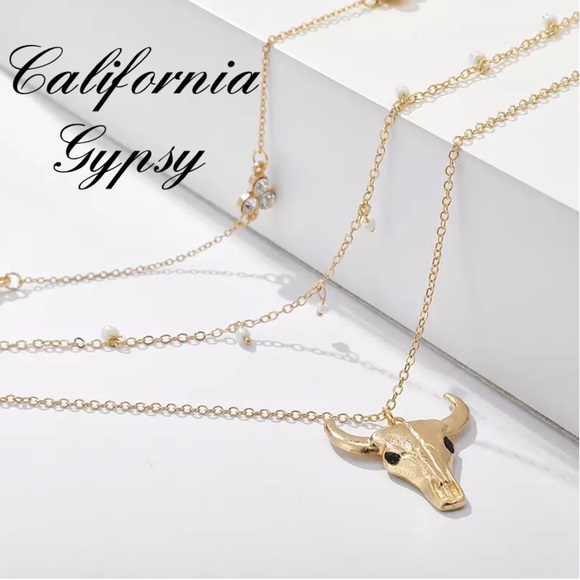 LAST ONE Western Bull skull Rhinestone Layered Necklace - Picture 3 of 5